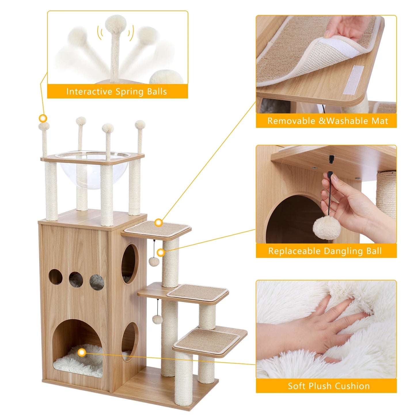 Wood Cat Scratcher Luxury Cat Tree Condo Kitten Nest Climbing Tower with Scratching Post Cat Toys Playing Platform House