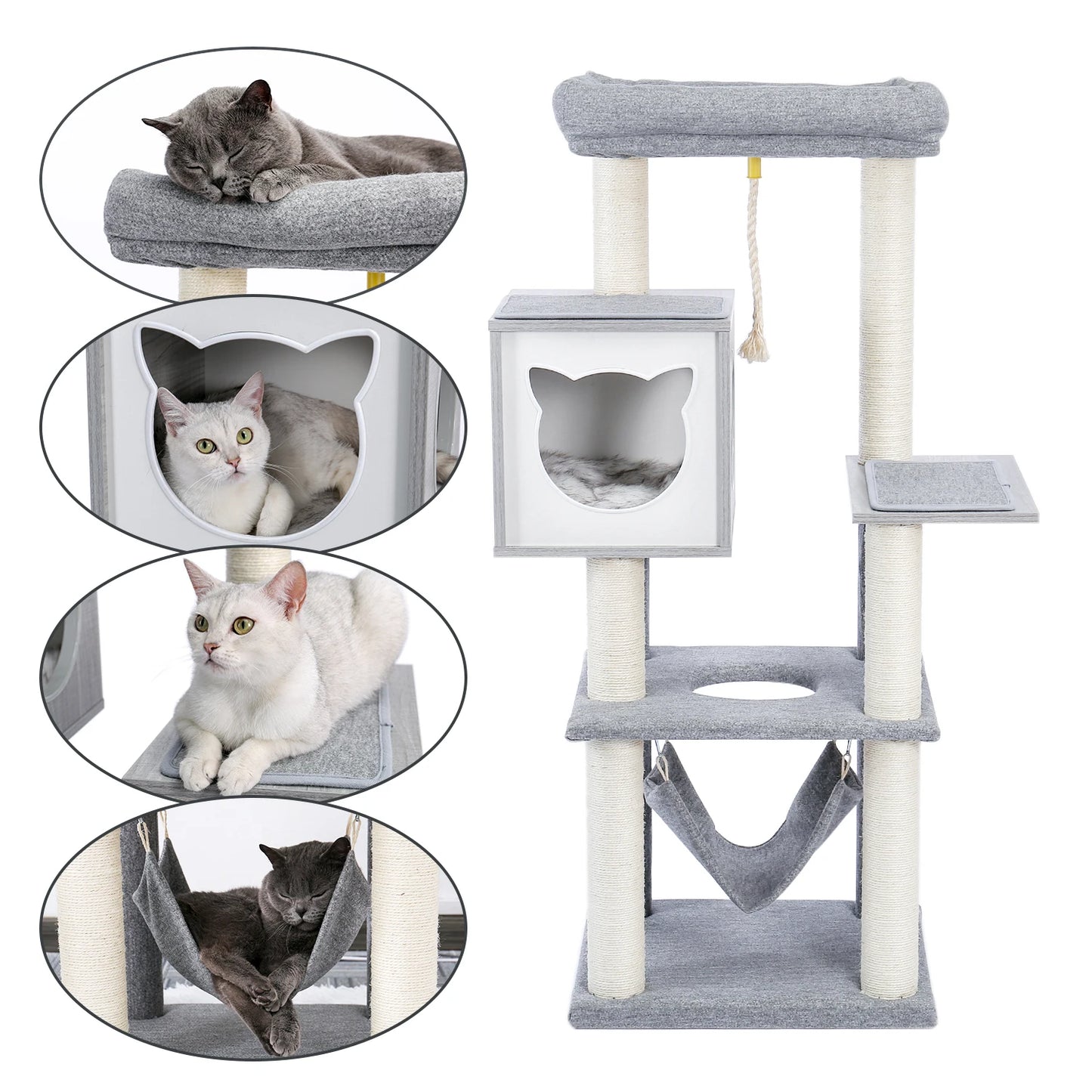 Wood Cat Scratcher Luxury Cat Tree Condo Kitten Nest Climbing Tower with Scratching Post Cat Toys Playing Platform House