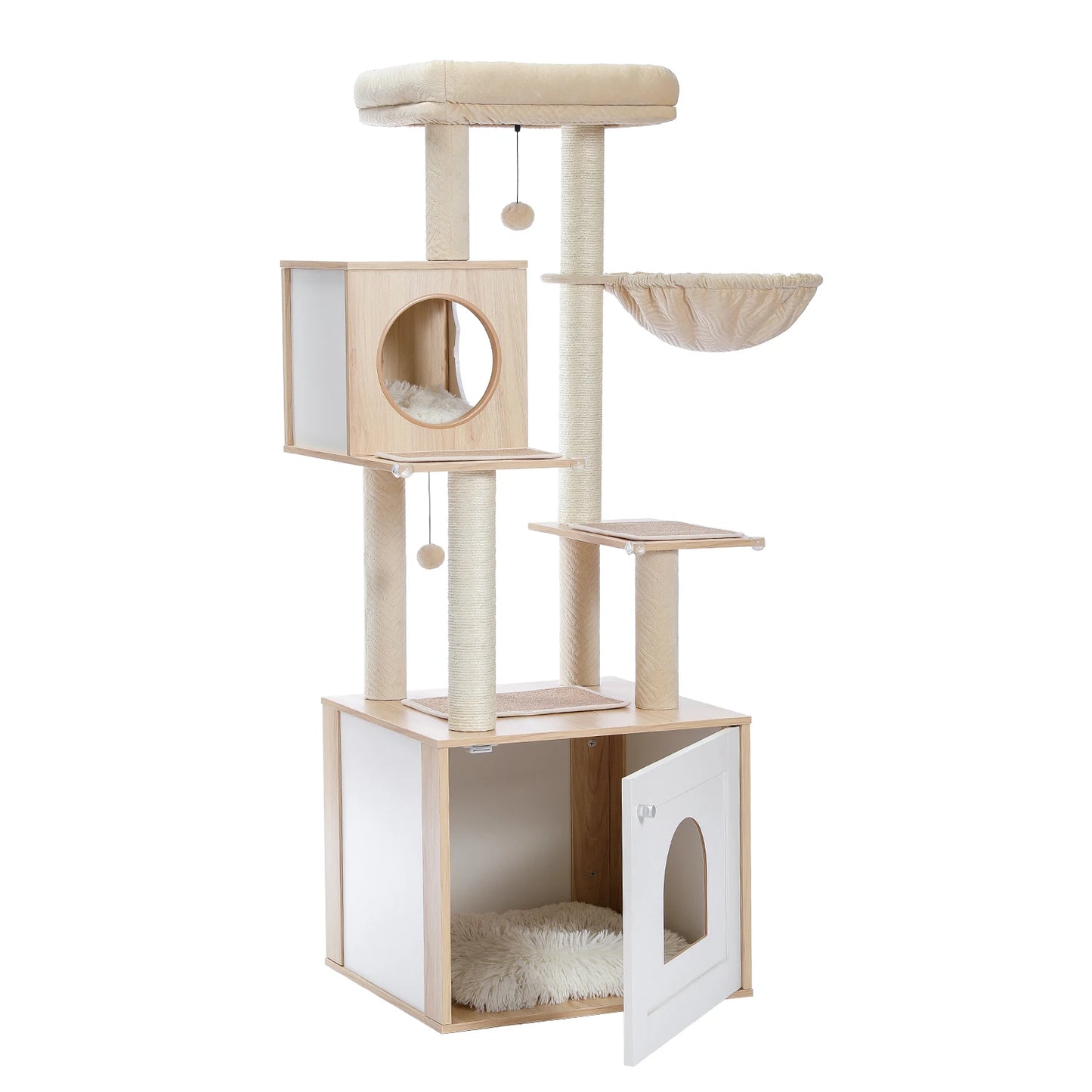 Wood Cat Tree with Storage Cabinet Sisal Scratching Post Cozy Cat Condo Soft Hammock Large Cat Tower for Indoor Cat Accessories