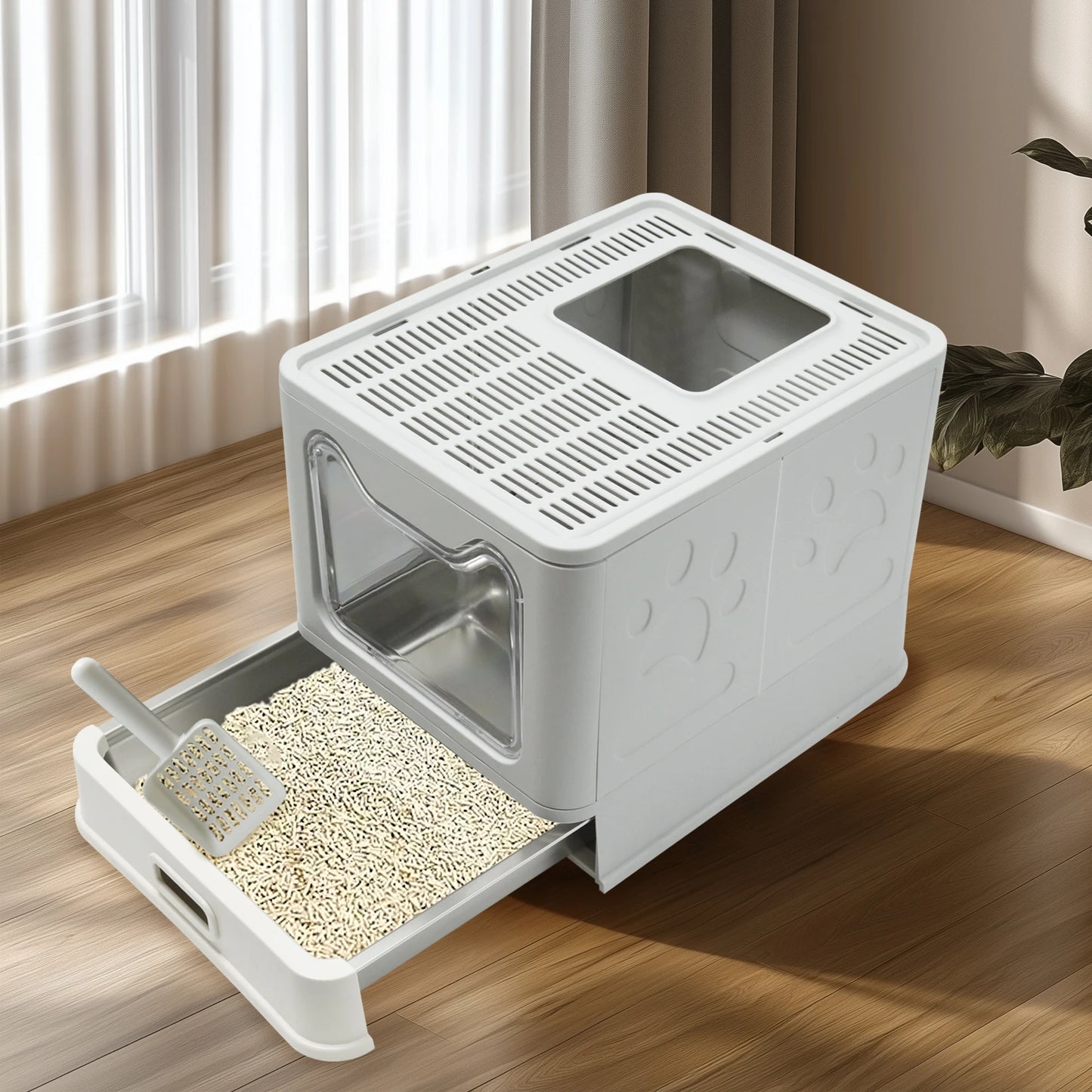 Bingopaw Stainless Steel Cat Litter Box with Lid Front Entry and Top Exit Toilet Box with Litter Scoop for Kittens,Easy Cleaning