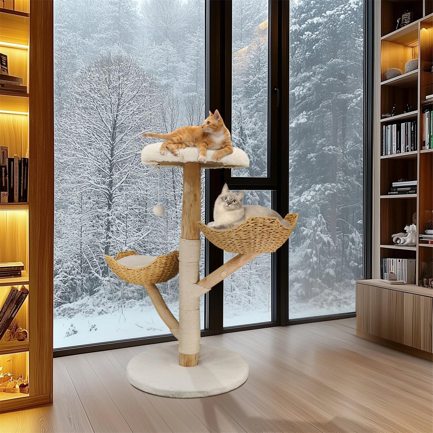 Modern Cat Tree Activity Tower with Plush Cushion and Toy Ball Sisal Scratching Post Kitten Condo Play House for Indoor