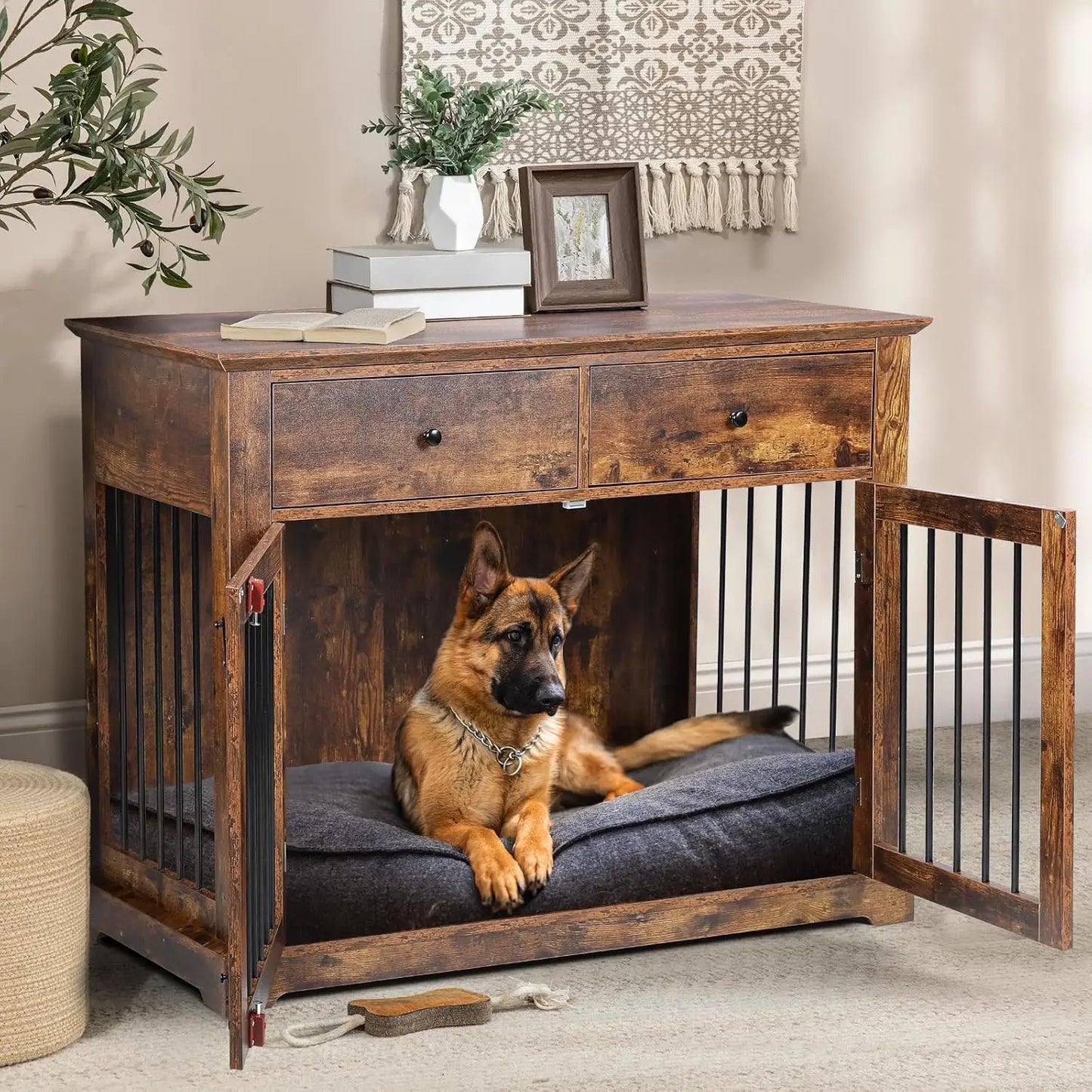 44 Inch Large Dog Crate Furniture,Wooden Dog Kennel End Table with Storage Drawers,Decorative Pet Cage Dog House Indoor for Dogs
