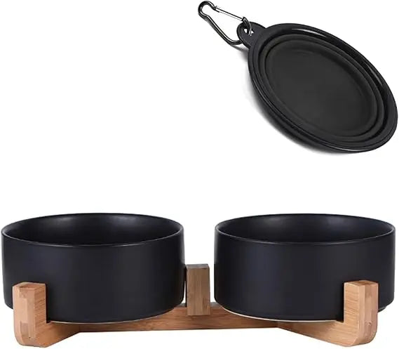 Ceramic Dog Cat Bowls Set with Stand,Black Pet Food and Water Bowl,Small Dog Bowls Cute Modern Anti Slip Set of 2 Pet Feeder Sm