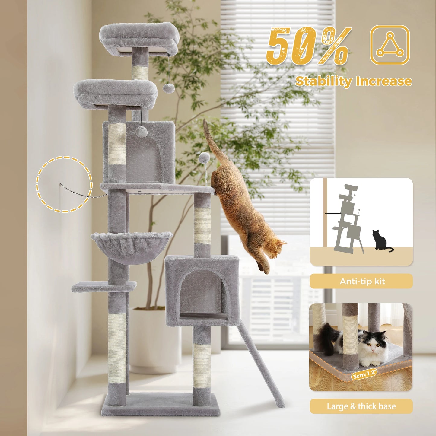 Multi-Level Cat Tree Tower with Sisal Scratching Post&Pad Cozy Hammock Luxury Large Cat Condo for Indoor Cat Toy Cat Accessories