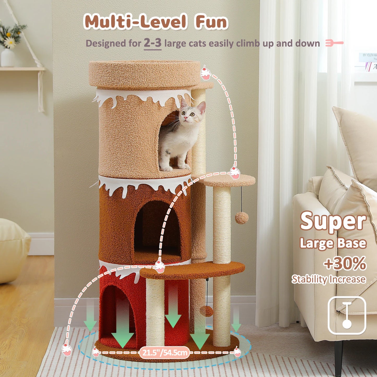 Multi-Level Cat Bed Cat House, Large Cat Condos for Indoor, Cute Cat Tree Tower with Sisal Scratching Posts, Pompoms, Kitten Toy