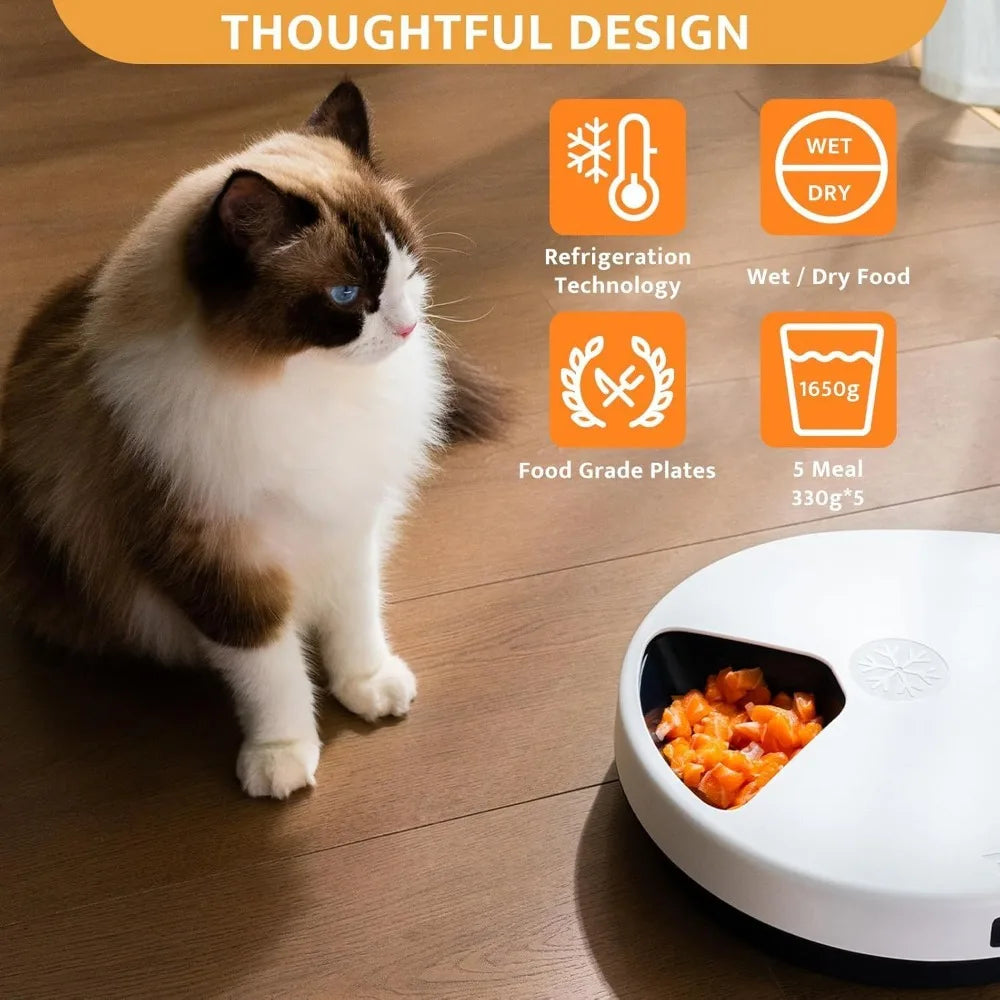 Cat Wet Food Automatic Feeder with Cooling, Semiconductor Refrigeration, with Timer, 5 Food Compartments for 330g Pet Food Each