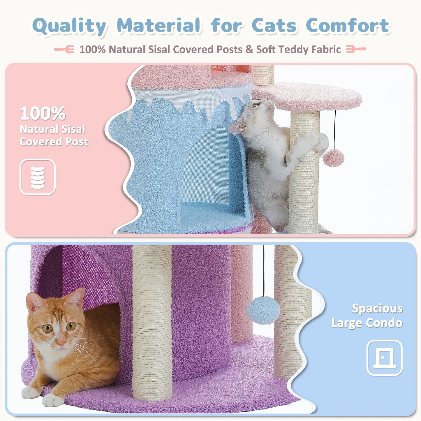 Multi-Level Cat Bed Cat House, Large Cat Condos for Indoor, Cute Cat Tree Tower with Sisal Scratching Posts, Pompoms, Kitten Toy