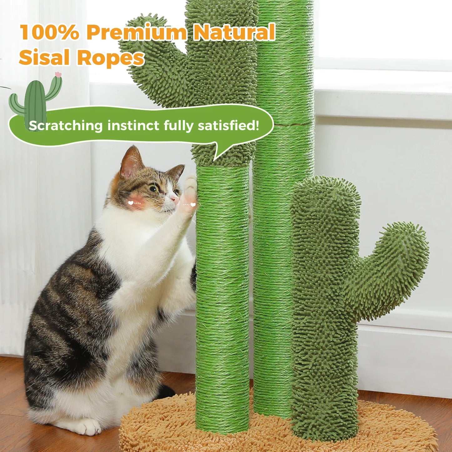 Cactus Cat Scratching Post Indoor Tall Cat Scratcher with 3 Scratching Poles Interactive Dangling Ball Cat Toys Cat Accessories