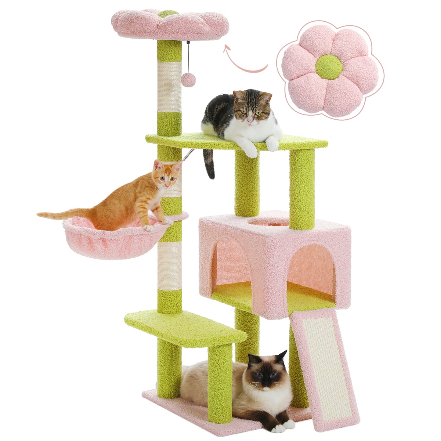 Flower Cat Tree, Multi-Level Cat Tower with Sisal Scratching Posts, Hammock, Ramp, Top Perch, Cat Condo for Indoor, Kitten Toys