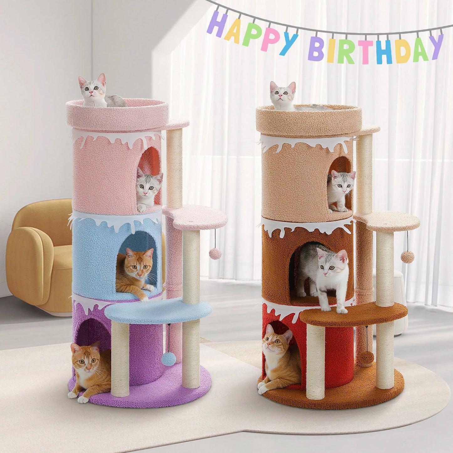 Multi-Level Cat Bed Cat House, Large Cat Condos for Indoor, Cute Cat Tree Tower with Sisal Scratching Posts, Pompoms, Kitten Toy