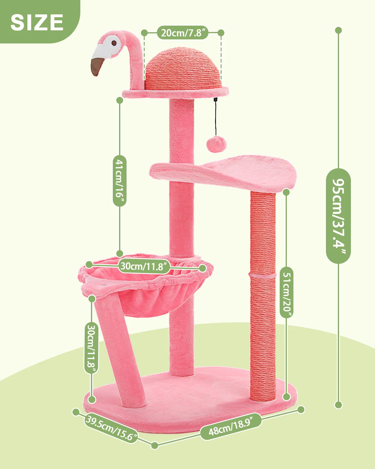Multi-Level Flamingo Cat Tree with Scratching Posts, Hammock, Perch, Cute Cat Tower, Indoor Pink Cat Scratcher, Kittens Toys