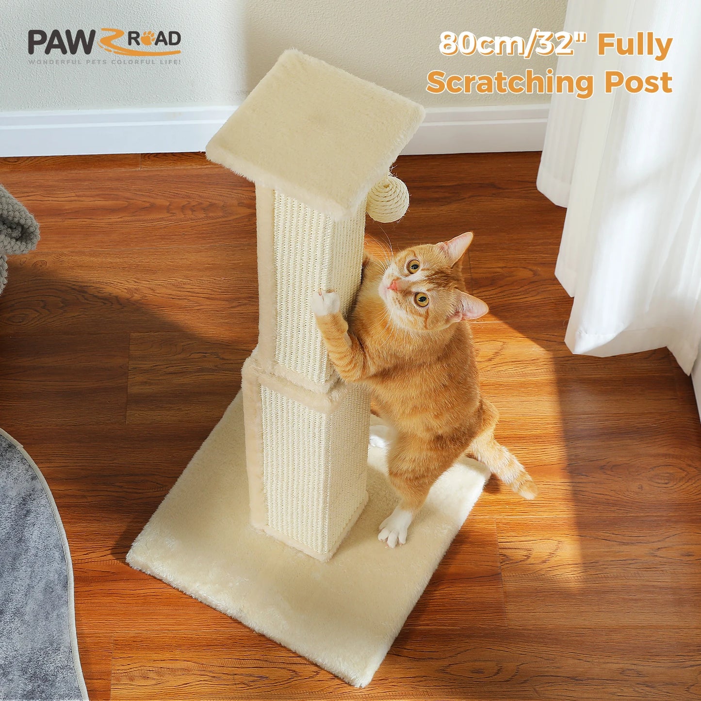 80CM Cat Scratching Post for Indoor Cat Scratcher with Nature Sisal Ball Tall Scratching Post for Large Cats Kitten Pet Toys