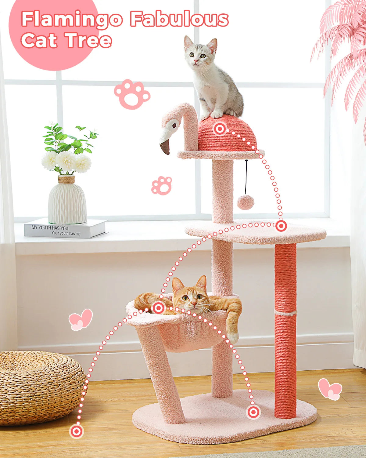 Multi-Level Flamingo Cat Tree with Scratching Posts, Hammock, Perch, Cute Cat Tower, Indoor Pink Cat Scratcher, Kittens Toys