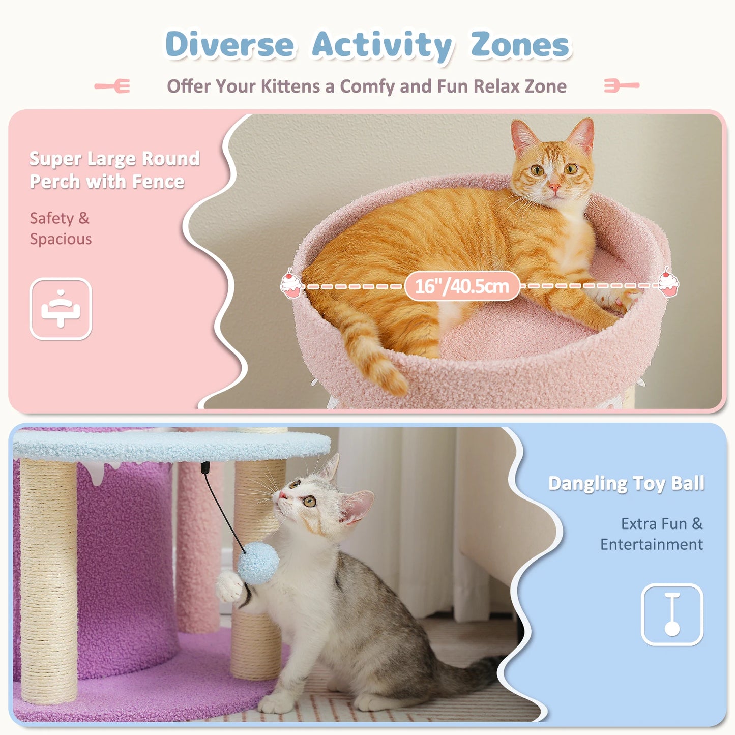 Multi-Level Cat Bed Cat House, Large Cat Condos for Indoor, Cute Cat Tree Tower with Sisal Scratching Posts, Pompoms, Kitten Toy
