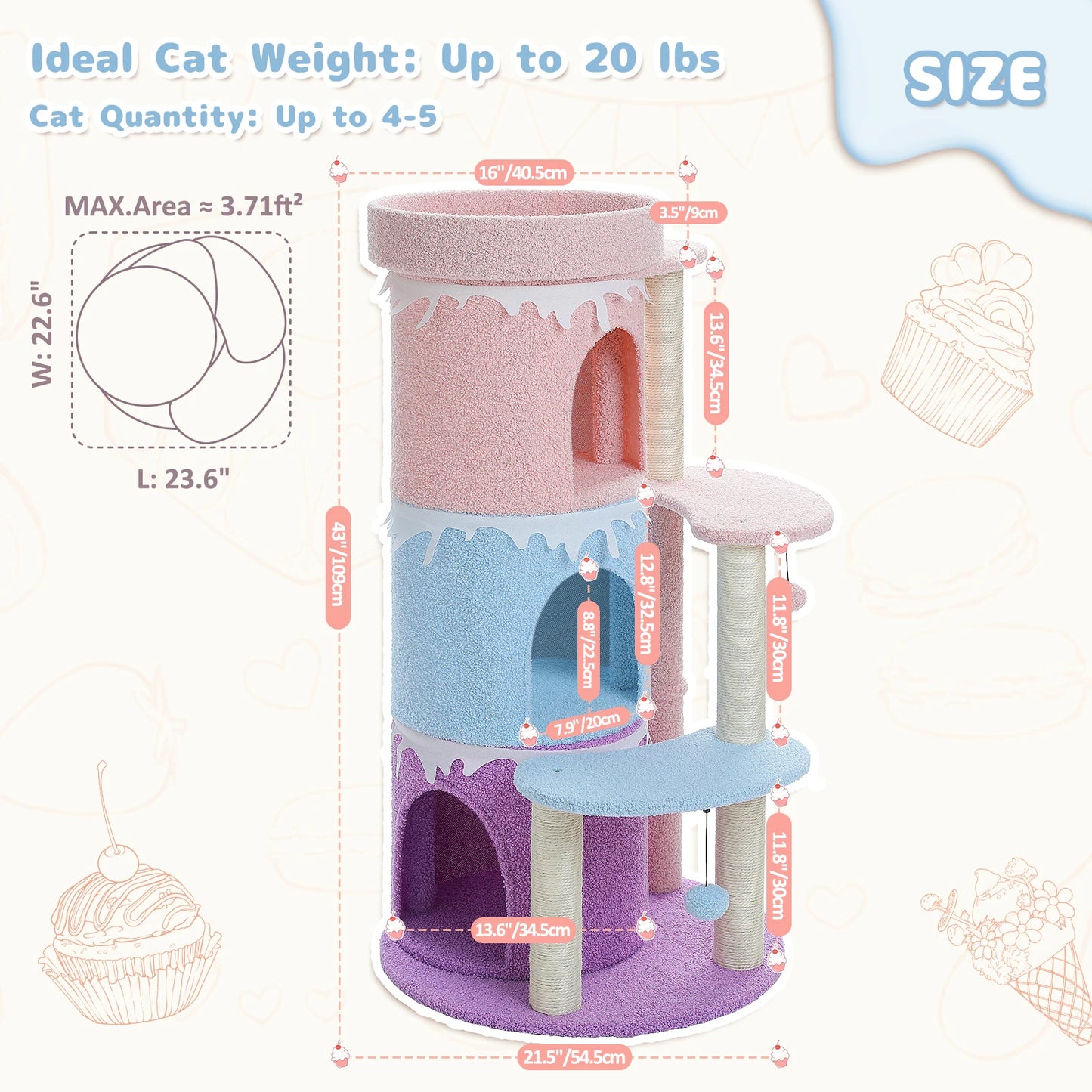 Multi-Level Cat Bed Cat House, Large Cat Condos for Indoor, Cute Cat Tree Tower with Sisal Scratching Posts, Pompoms, Kitten Toy