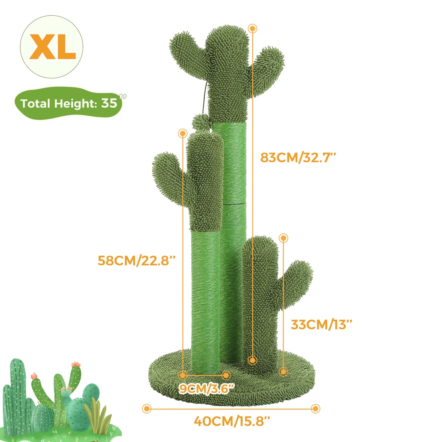 Cactus Cat Scratching Post Indoor Tall Cat Scratcher with 3 Scratching Poles Interactive Dangling Ball Cat Toys Cat Accessories
