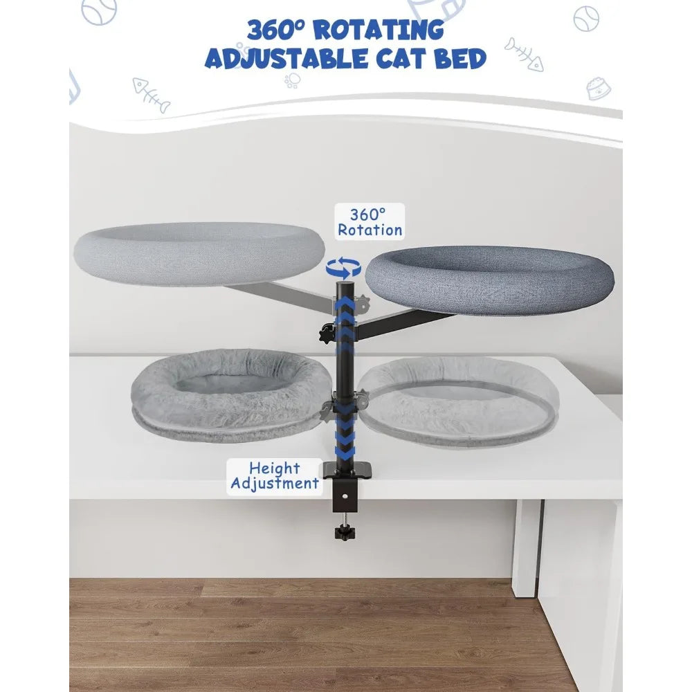 Double Cat Desk Bed, 360° Rotating Elevated Desk Cat Bed, Adjustable Raised Desk Kitten Bed Up to 80 LBS, Washable Soft Fabric P