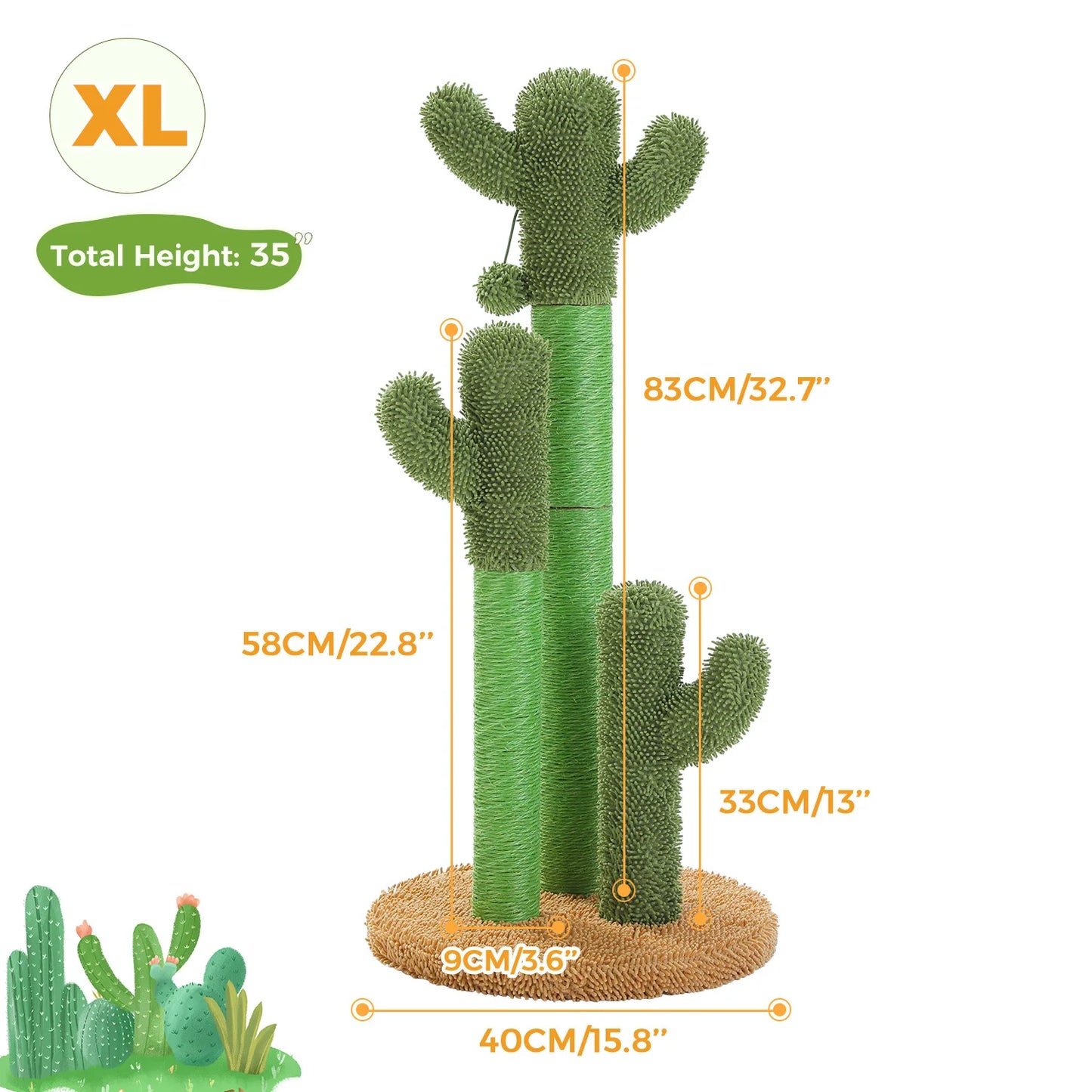 Cactus Cat Scratching Post Indoor Tall Cat Scratcher with 3 Scratching Poles Interactive Dangling Ball Cat Toys Cat Accessories