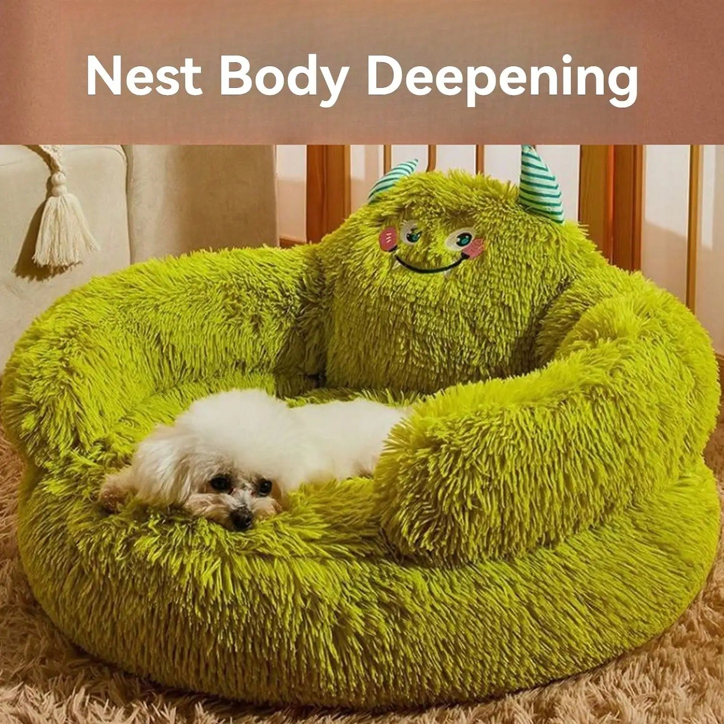 Calming Donut Bed Green Plush Anti-Anxiety Dog & Cat Bed for Pets Soft Indoor Cuddler Bed Fluffy Plush with Non-Slip Bottom