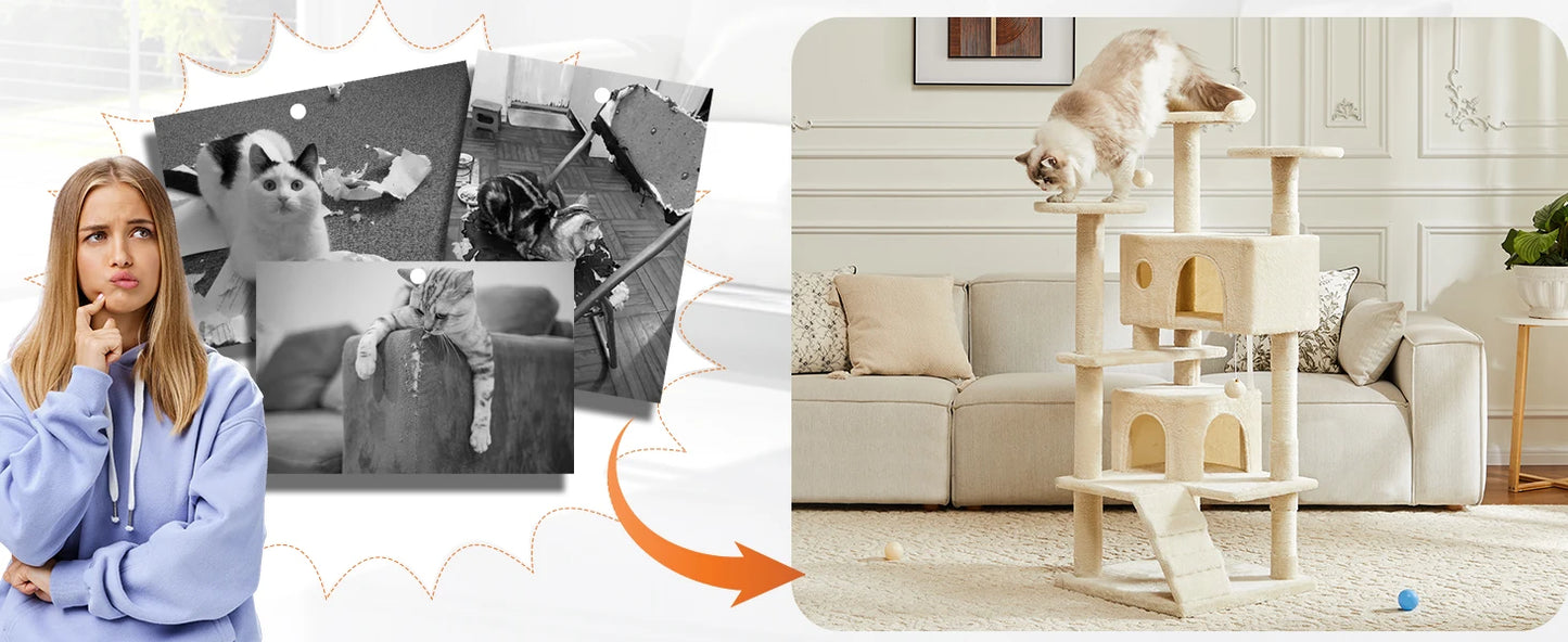 JHK 54in Tall Multi-Level Cat Tree Tower for Indoor Pet Furniture Stable Kitty Play House with Sisal Scratching Post for Home