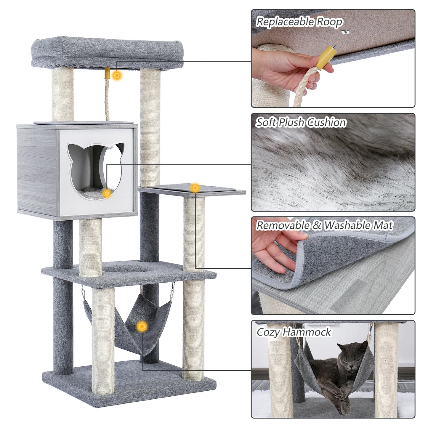 Wood Cat Scratcher Luxury Cat Tree Condo Kitten Nest Climbing Tower with Scratching Post Cat Toys Playing Platform House