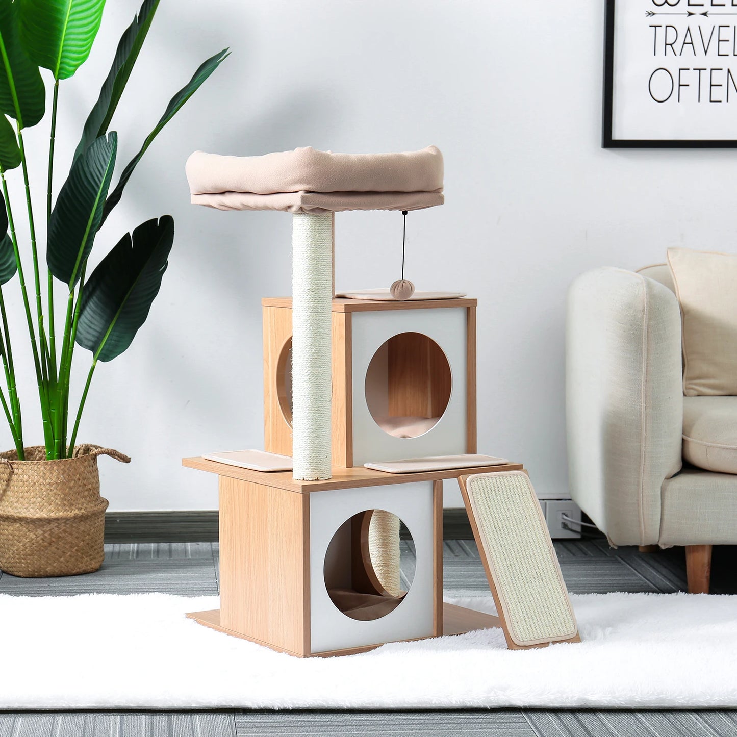 Wood Cat Scratcher Luxury Cat Tree Condo Kitten Nest Climbing Tower with Scratching Post Cat Toys Playing Platform House