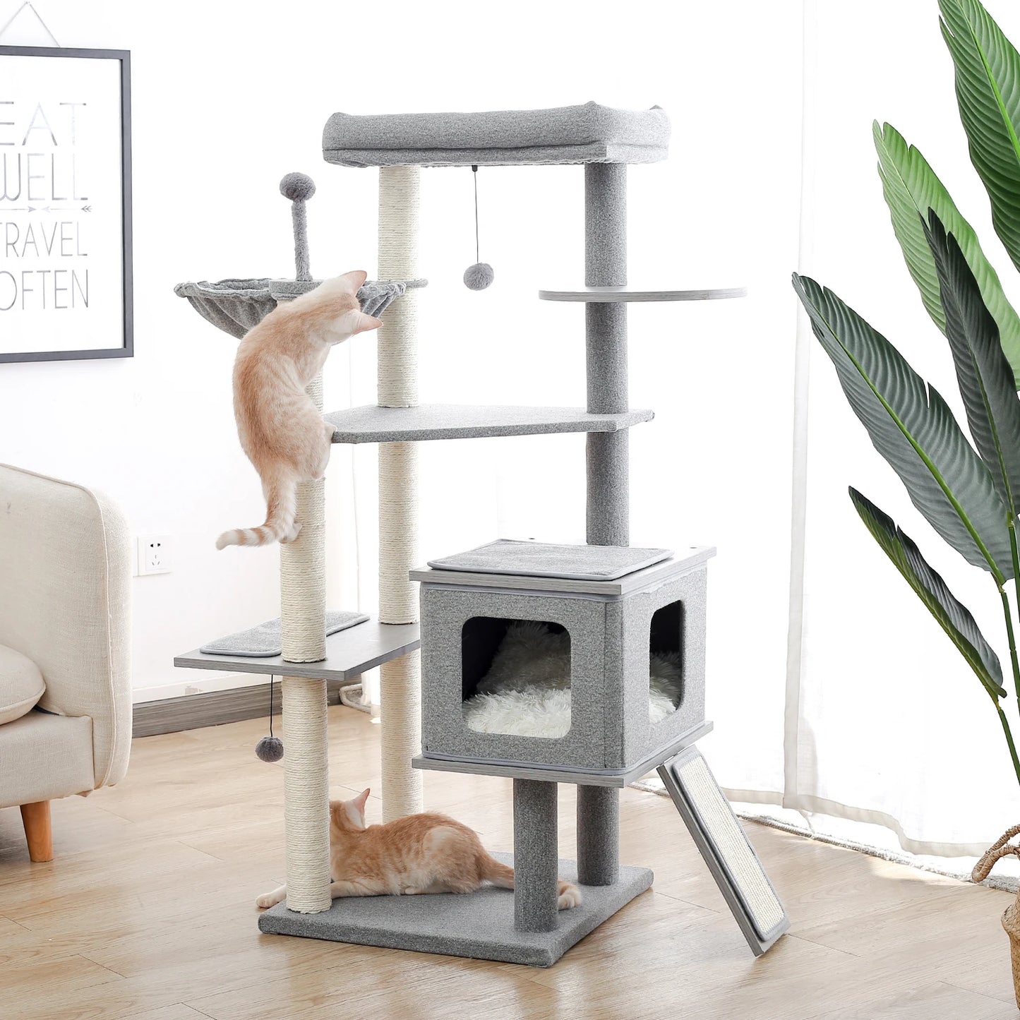 Wood Cat Scratcher Luxury Cat Tree Condo Kitten Nest Climbing Tower with Scratching Post Cat Toys Playing Platform House