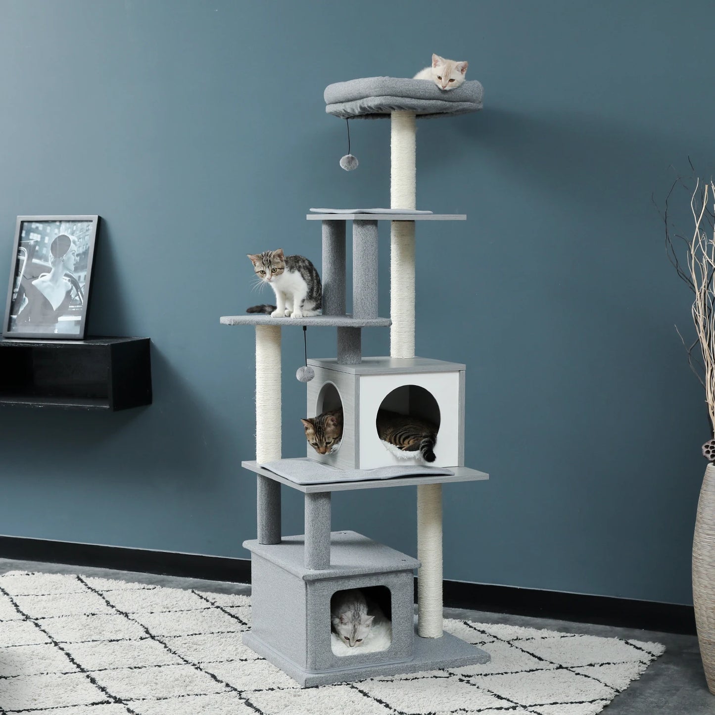 Wood Cat Scratcher Luxury Cat Tree Condo Kitten Nest Climbing Tower with Scratching Post Cat Toys Playing Platform House