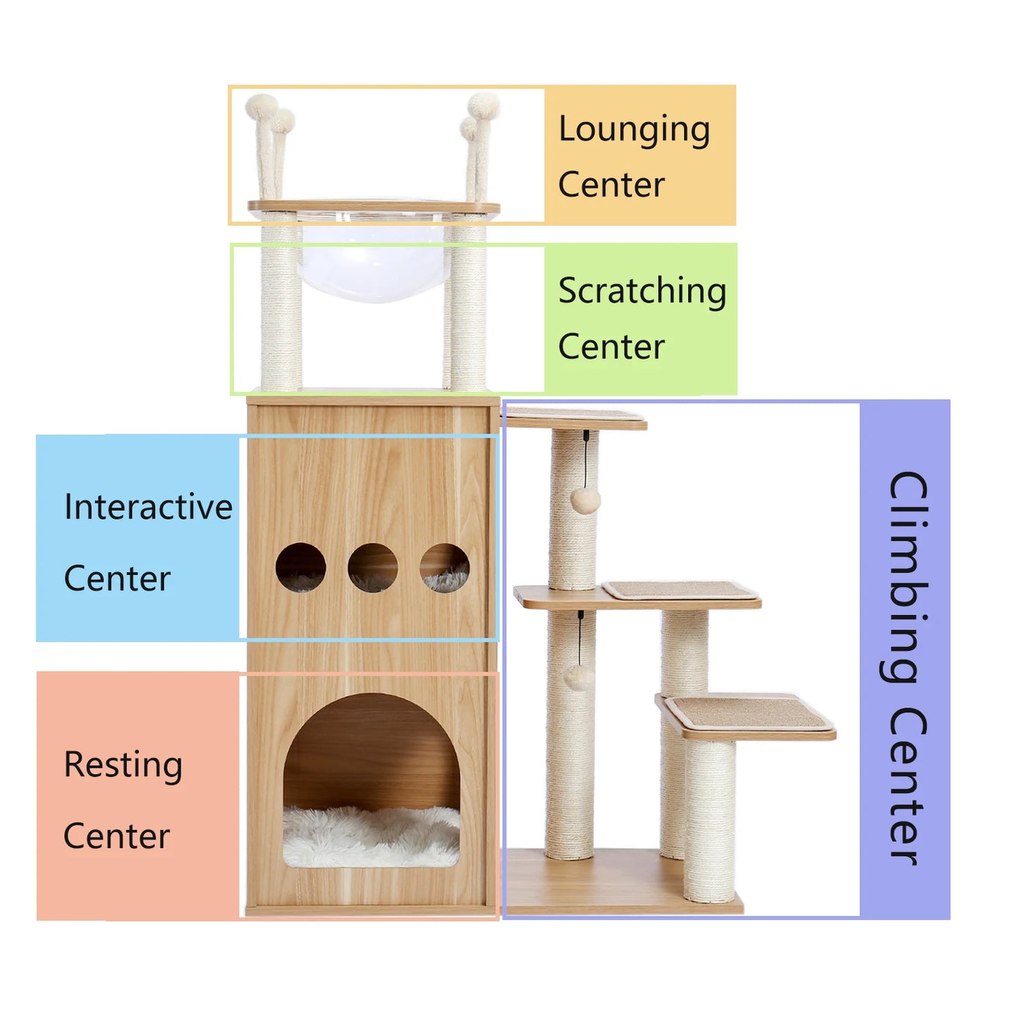 Wood Cat Scratcher Luxury Cat Tree Condo Kitten Nest Climbing Tower with Scratching Post Cat Toys Playing Platform House