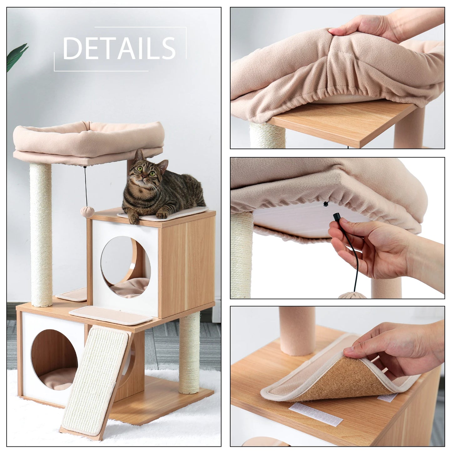 Wood Cat Scratcher Luxury Cat Tree Condo Kitten Nest Climbing Tower with Scratching Post Cat Toys Playing Platform House