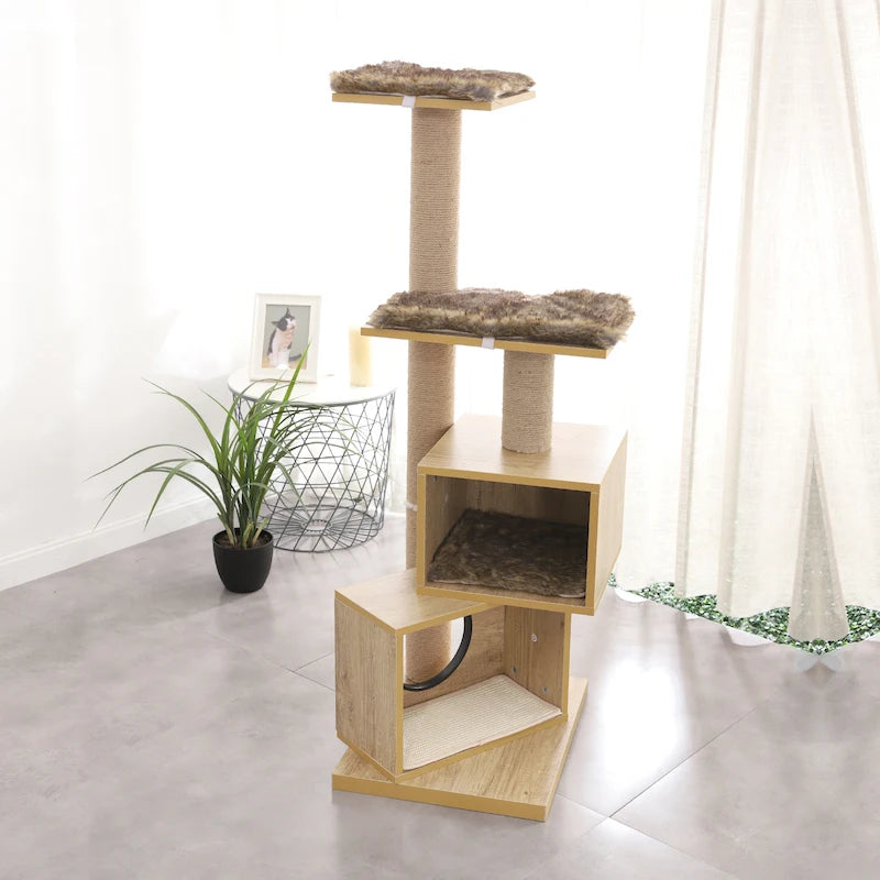 Wood Cat Scratcher Luxury Cat Tree Condo Kitten Nest Climbing Tower with Scratching Post Cat Toys Playing Platform House