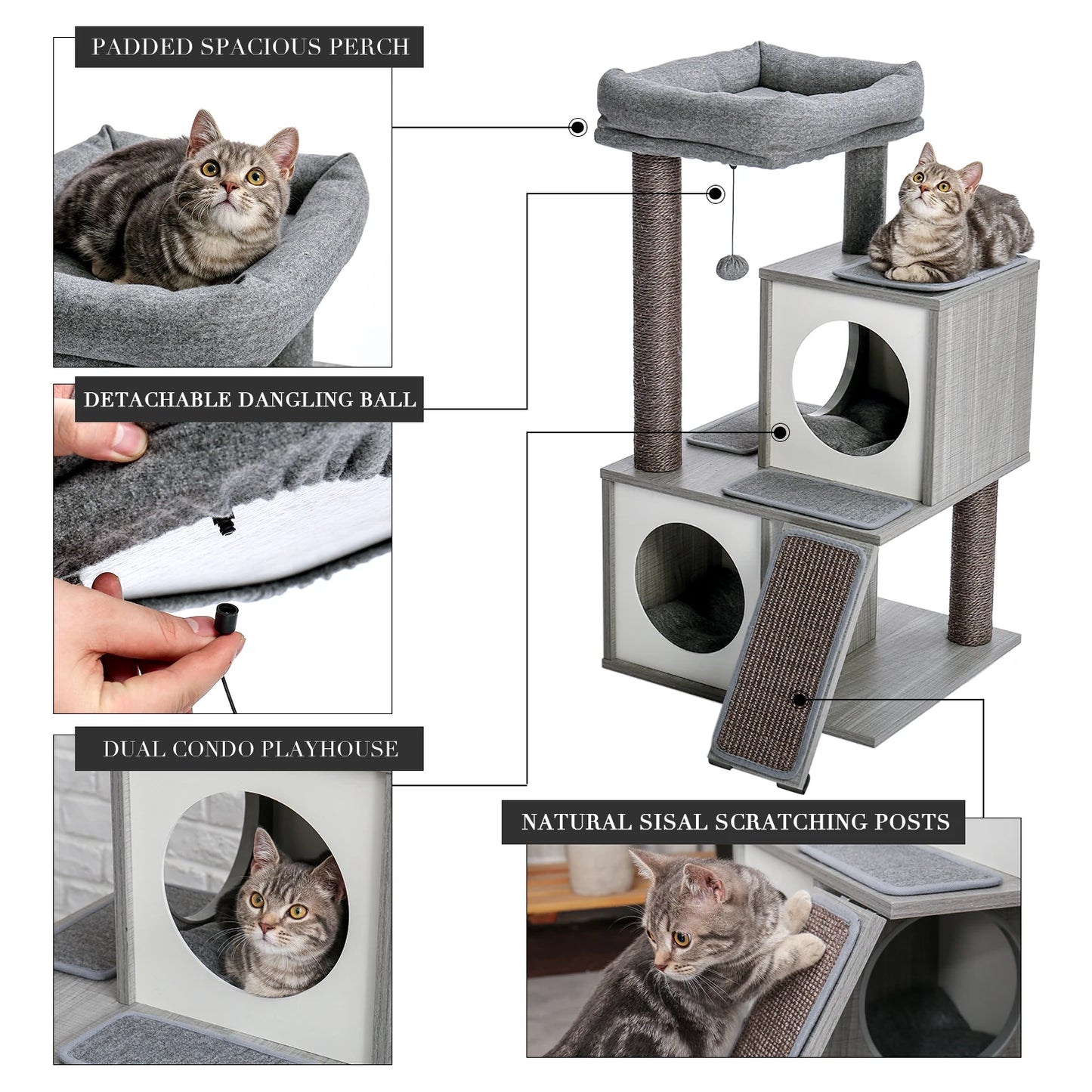 Wood Cat Scratcher Luxury Cat Tree Condo Kitten Nest Climbing Tower with Scratching Post Cat Toys Playing Platform House