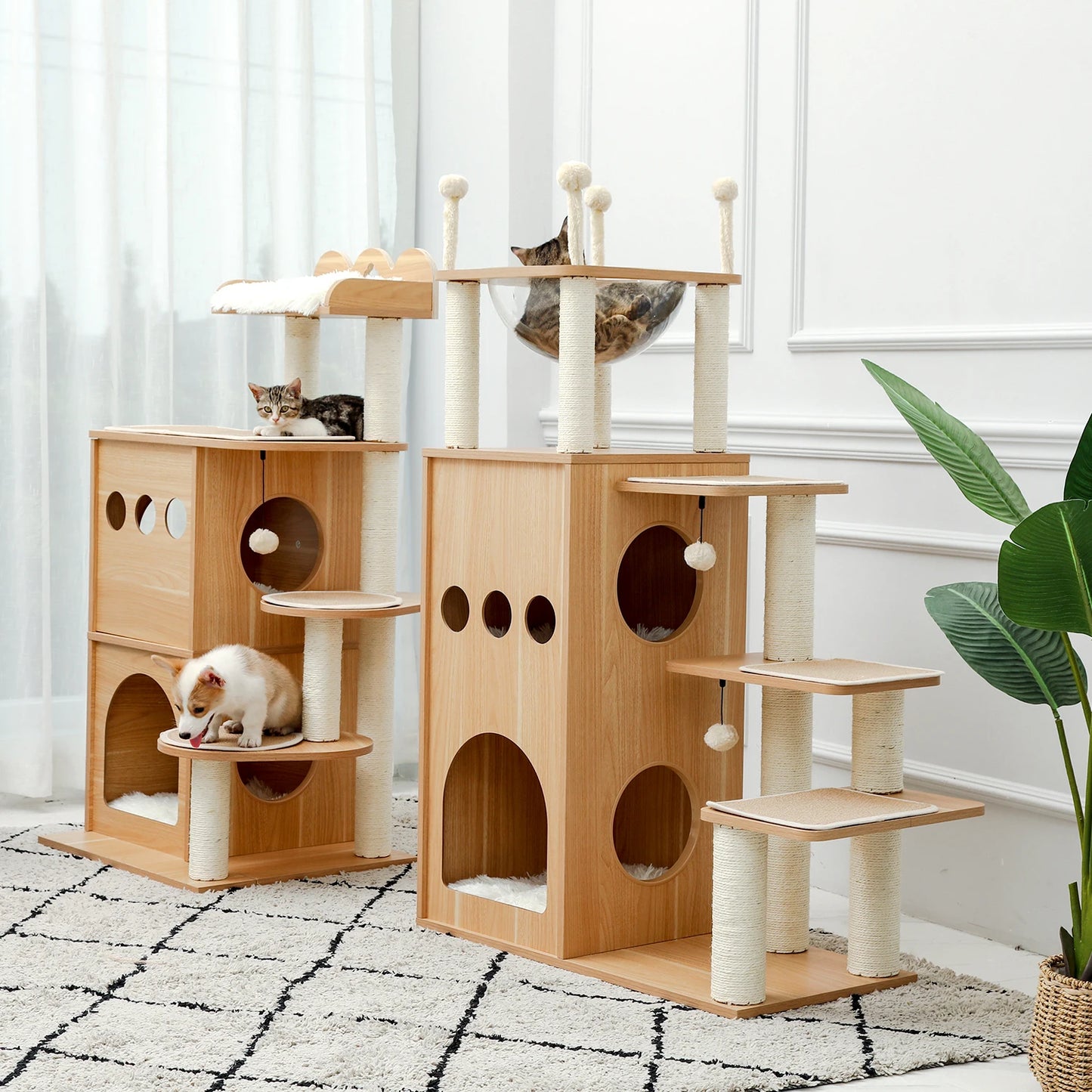 Wood Cat Scratcher Luxury Cat Tree Condo Kitten Nest Climbing Tower with Scratching Post Cat Toys Playing Platform House