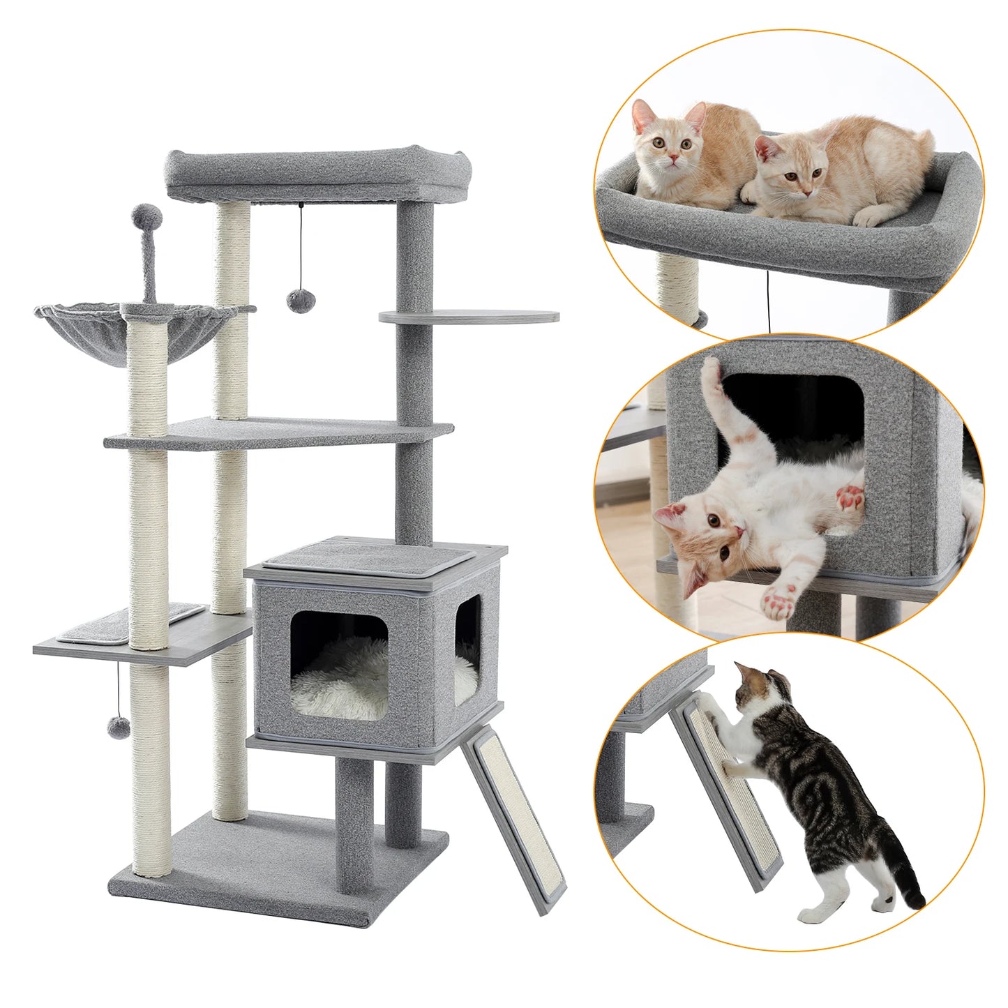 Wood Cat Scratcher Luxury Cat Tree Condo Kitten Nest Climbing Tower with Scratching Post Cat Toys Playing Platform House
