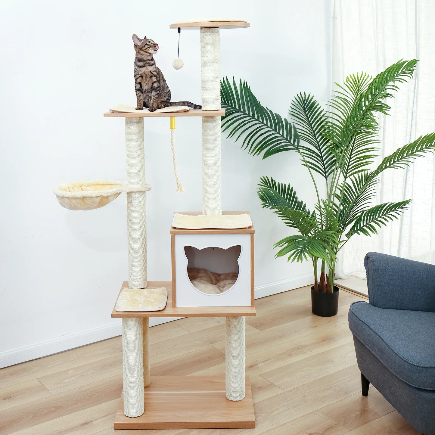Wood Cat Scratcher Luxury Cat Tree Condo Kitten Nest Climbing Tower with Scratching Post Cat Toys Playing Platform House