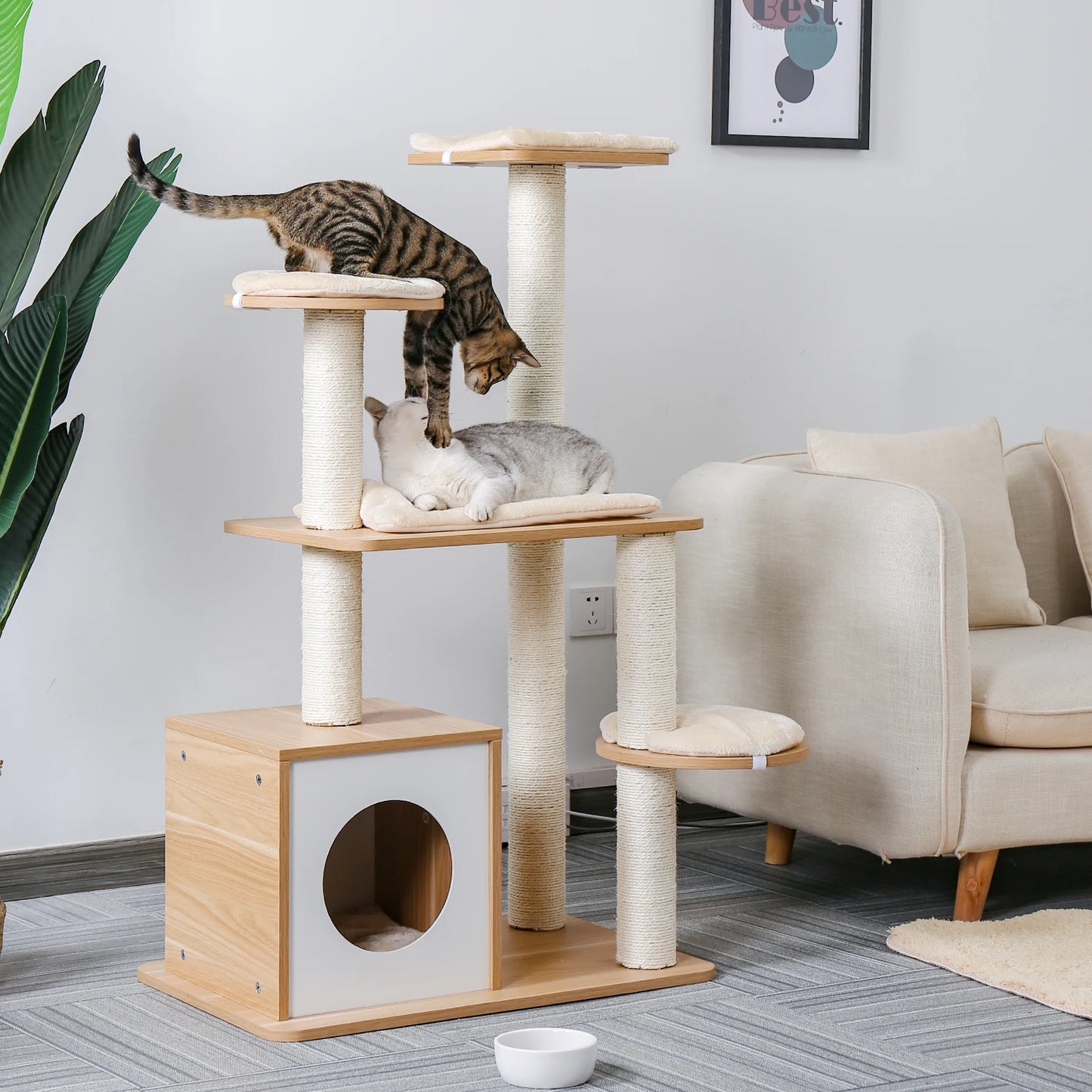 Wood Cat Scratcher Luxury Cat Tree Condo Kitten Nest Climbing Tower with Scratching Post Cat Toys Playing Platform House