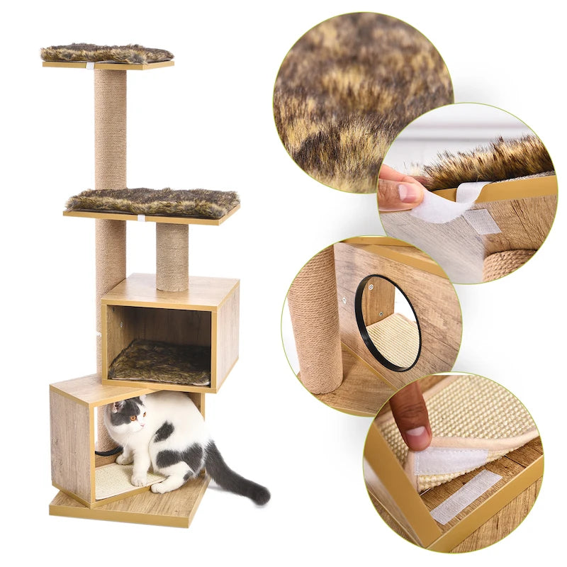 Wood Cat Scratcher Luxury Cat Tree Condo Kitten Nest Climbing Tower with Scratching Post Cat Toys Playing Platform House