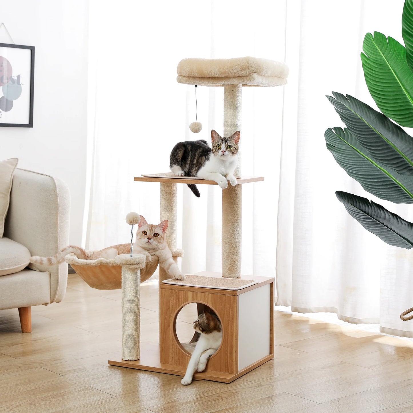 Wood Cat Scratcher Luxury Cat Tree Condo Kitten Nest Climbing Tower with Scratching Post Cat Toys Playing Platform House