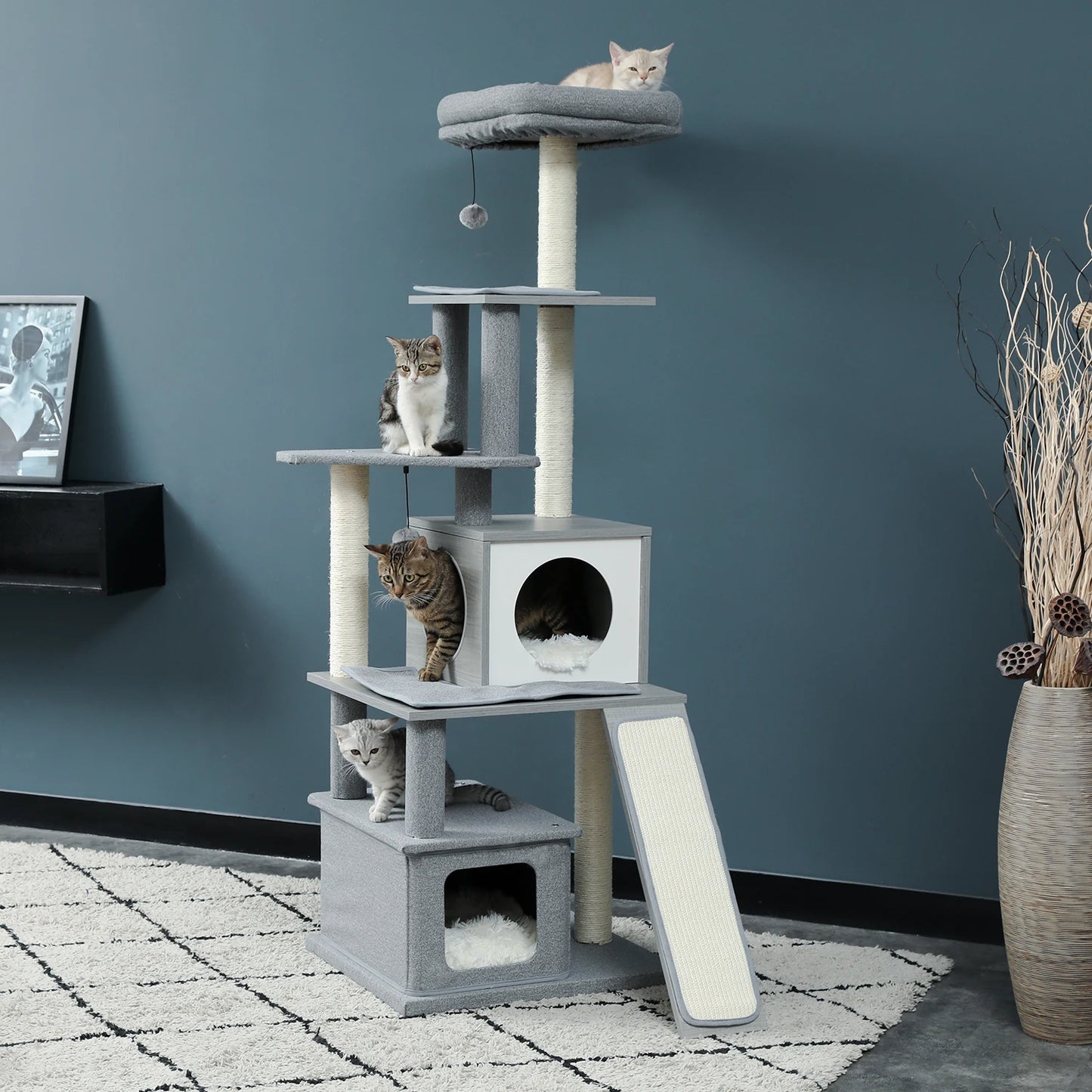 Wood Cat Scratcher Luxury Cat Tree Condo Kitten Nest Climbing Tower with Scratching Post Cat Toys Playing Platform House