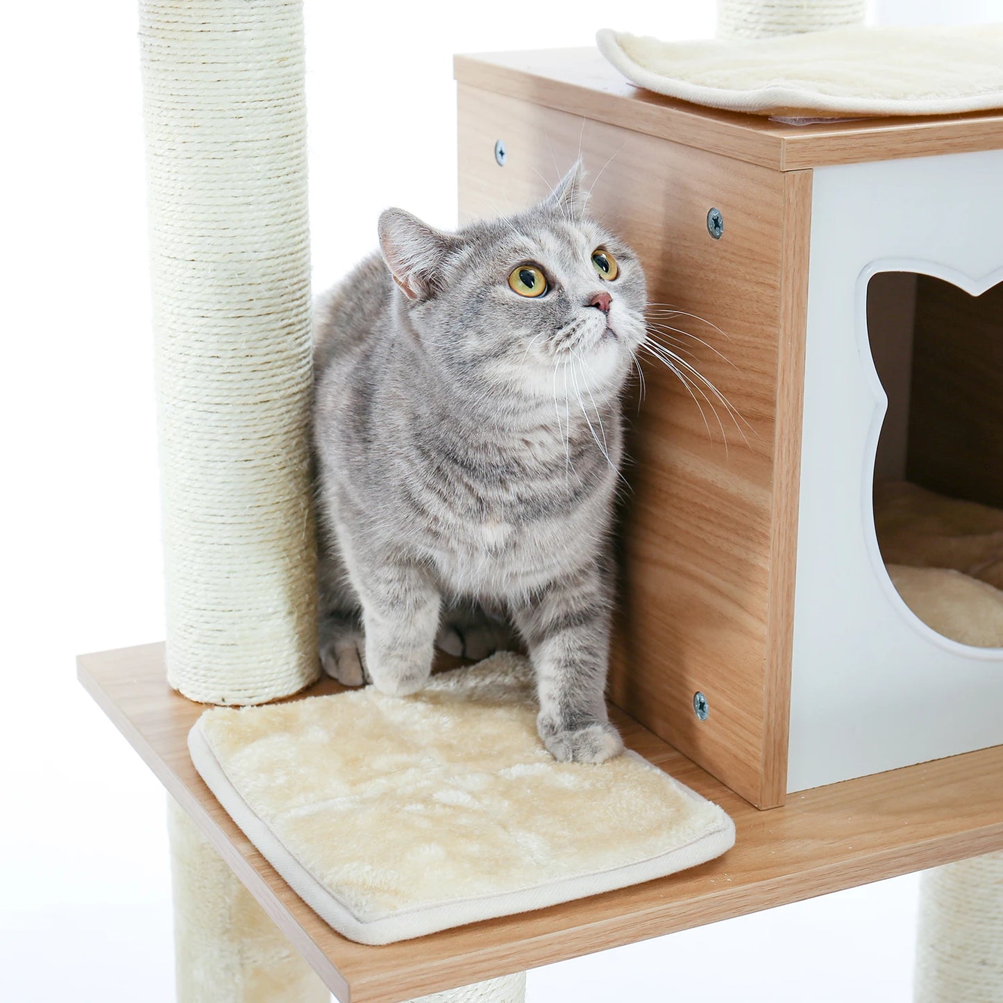 Wood Cat Scratcher Luxury Cat Tree Condo Kitten Nest Climbing Tower with Scratching Post Cat Toys Playing Platform House