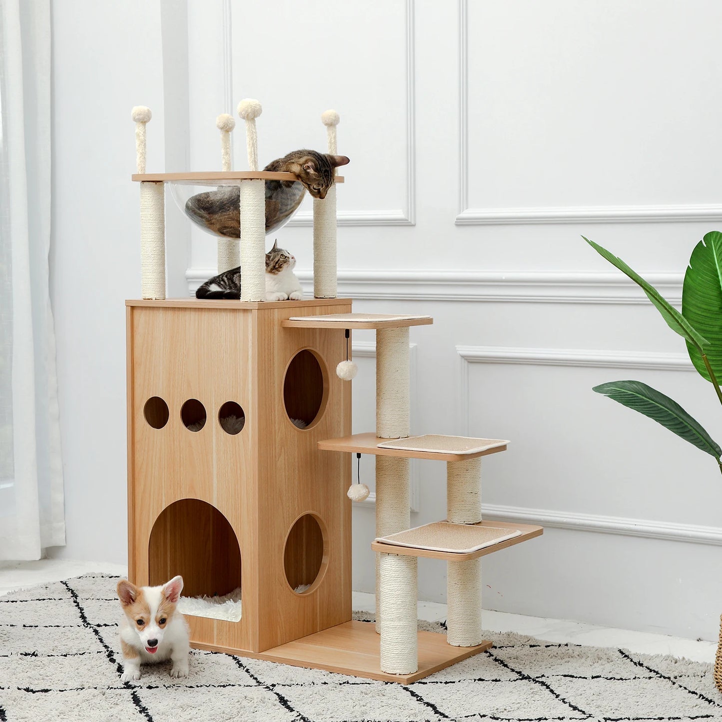 Wood Cat Scratcher Luxury Cat Tree Condo Kitten Nest Climbing Tower with Scratching Post Cat Toys Playing Platform House