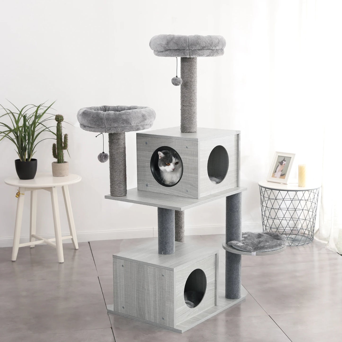 Wood Cat Scratcher Luxury Cat Tree Condo Kitten Nest Climbing Tower with Scratching Post Cat Toys Playing Platform House