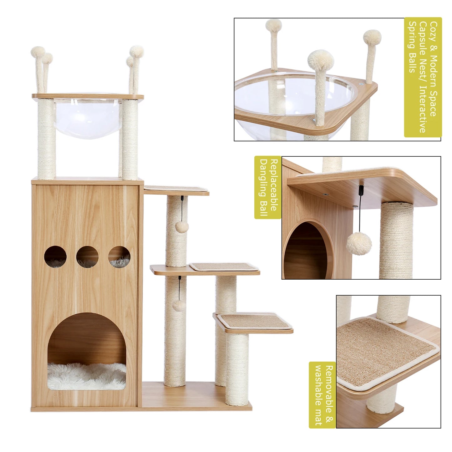 Wood Cat Scratcher Luxury Cat Tree Condo Kitten Nest Climbing Tower with Scratching Post Cat Toys Playing Platform House