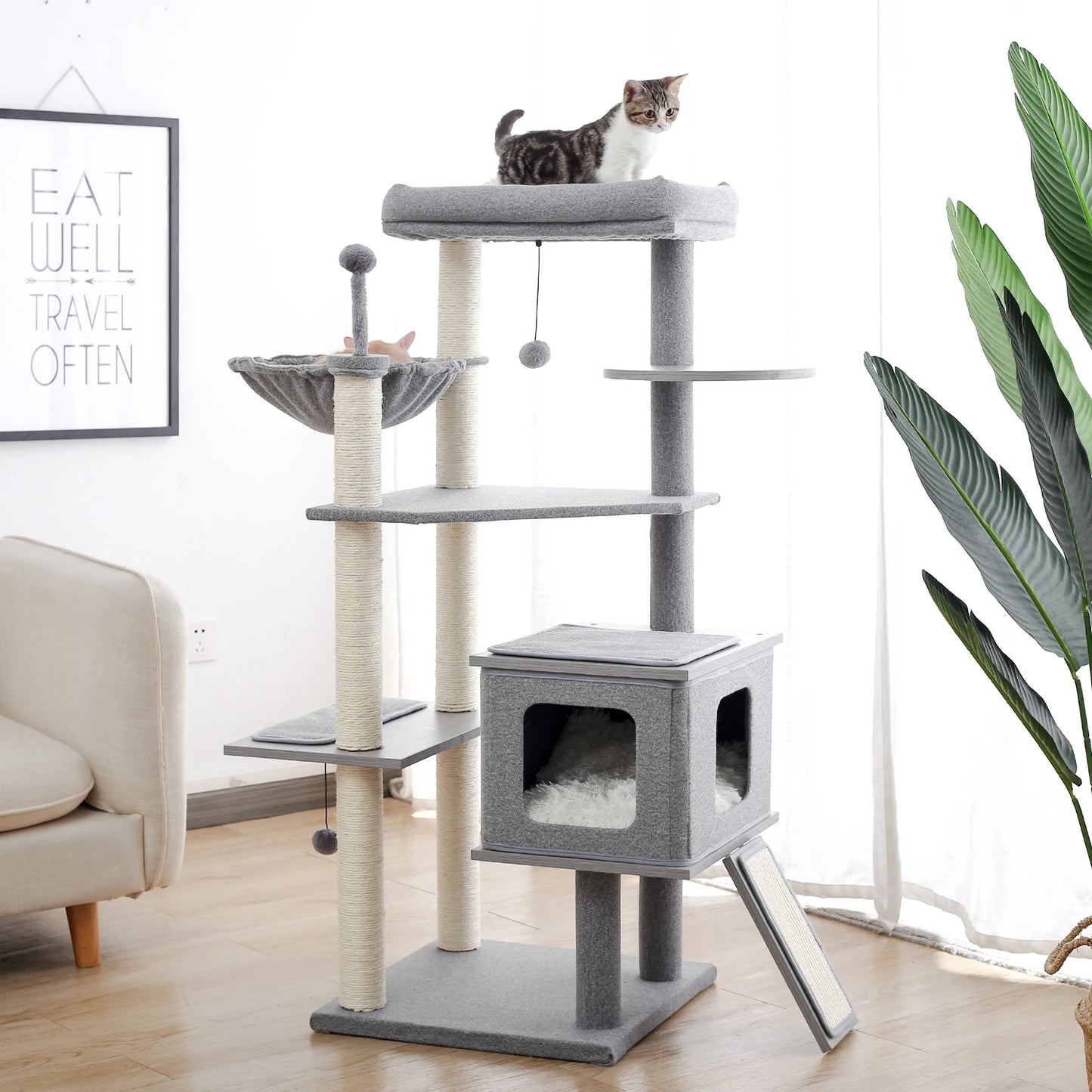 Wood Cat Scratcher Luxury Cat Tree Condo Kitten Nest Climbing Tower with Scratching Post Cat Toys Playing Platform House