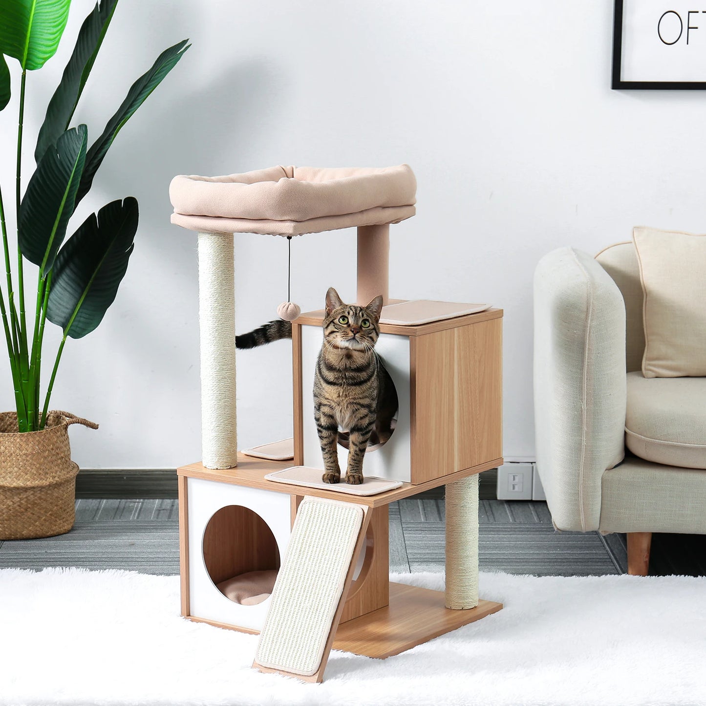 Wood Cat Scratcher Luxury Cat Tree Condo Kitten Nest Climbing Tower with Scratching Post Cat Toys Playing Platform House