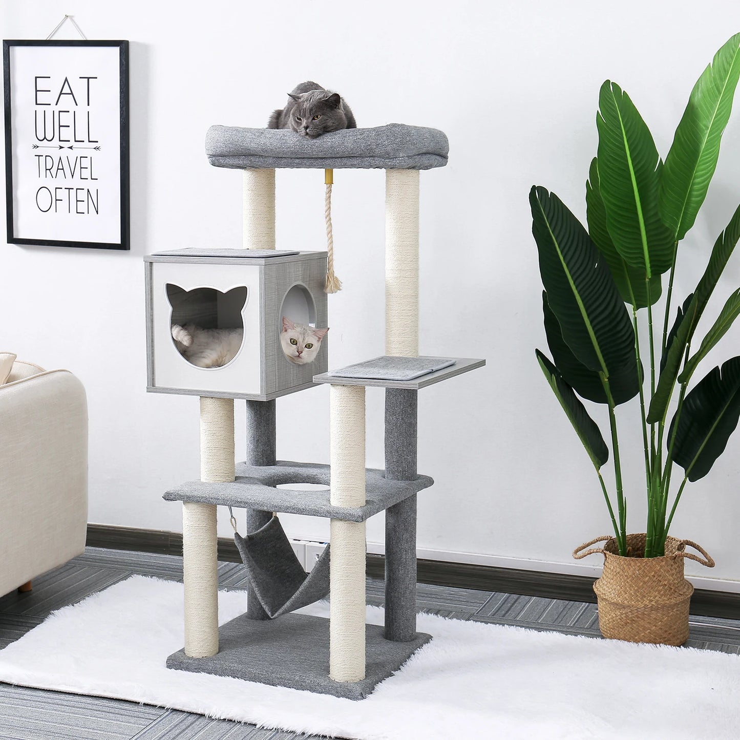 Wood Cat Scratcher Luxury Cat Tree Condo Kitten Nest Climbing Tower with Scratching Post Cat Toys Playing Platform House