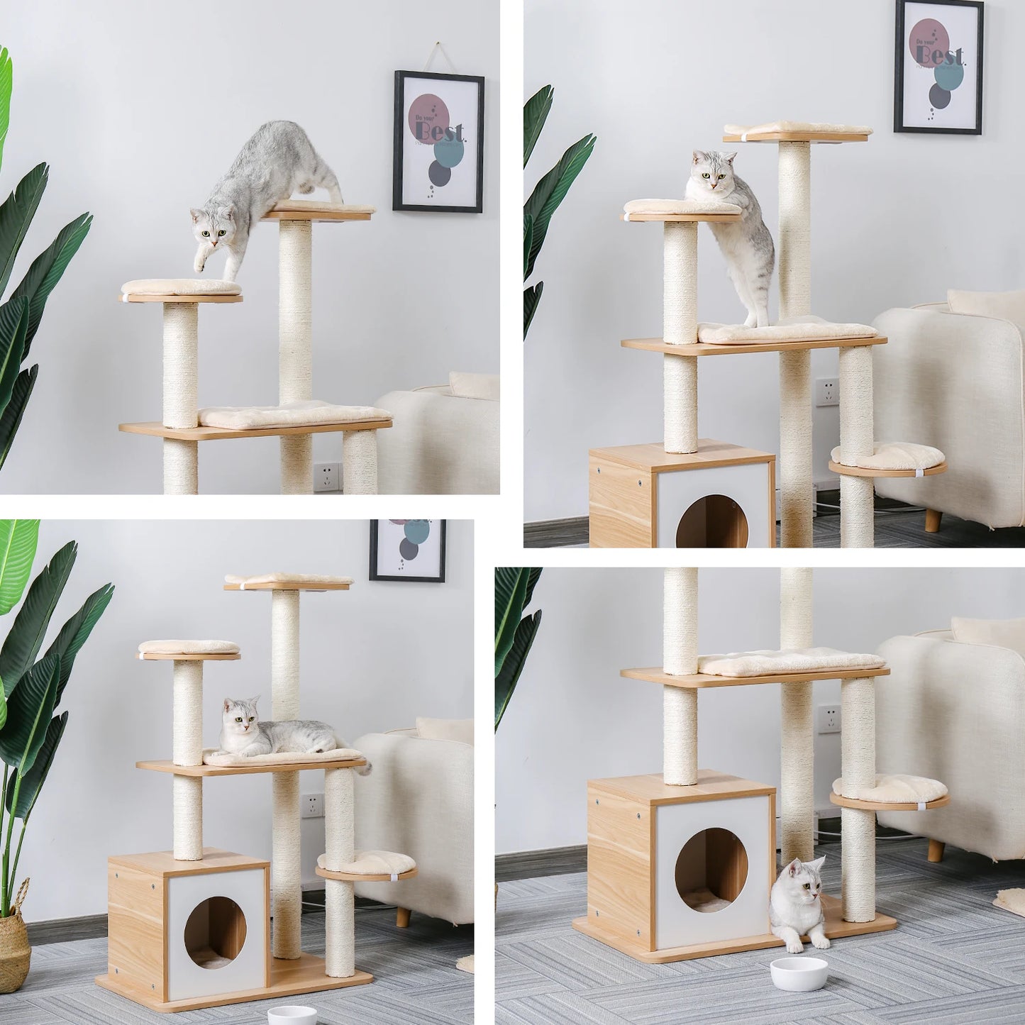 Wood Cat Scratcher Luxury Cat Tree Condo Kitten Nest Climbing Tower with Scratching Post Cat Toys Playing Platform House