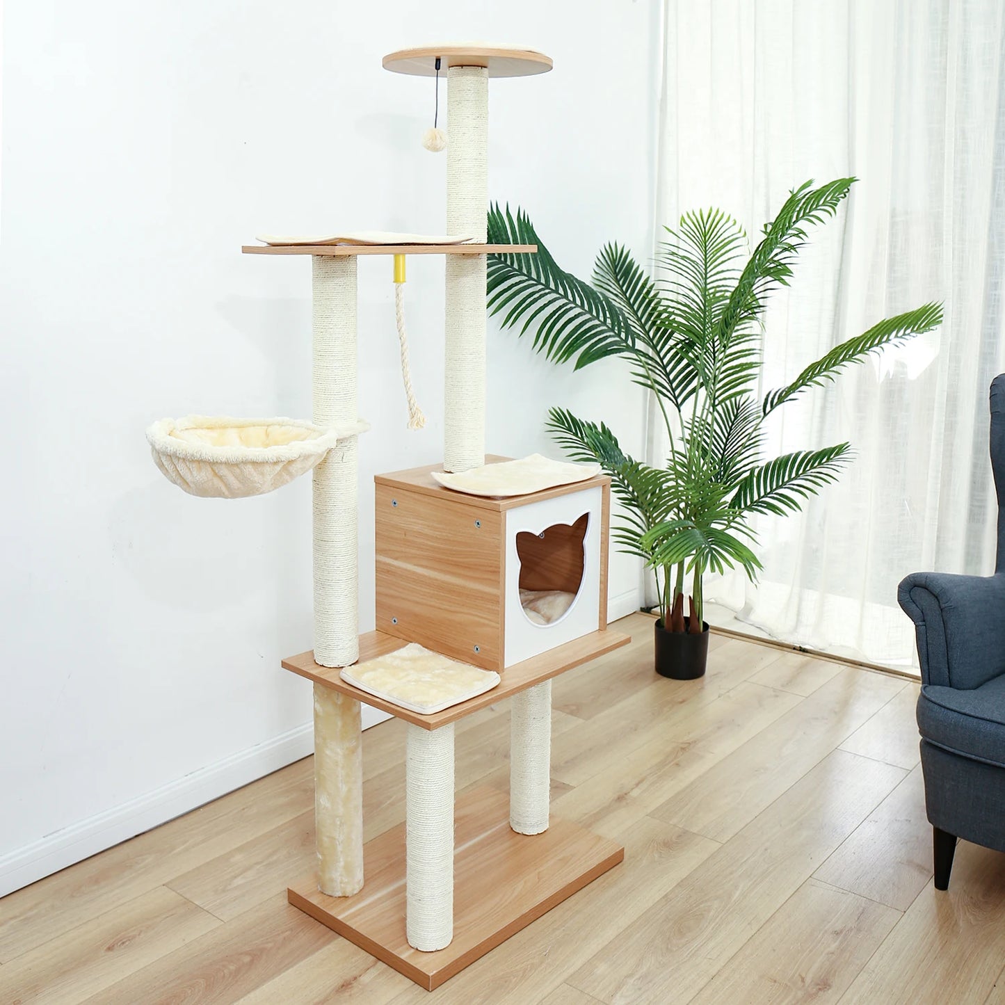 Wood Cat Scratcher Luxury Cat Tree Condo Kitten Nest Climbing Tower with Scratching Post Cat Toys Playing Platform House