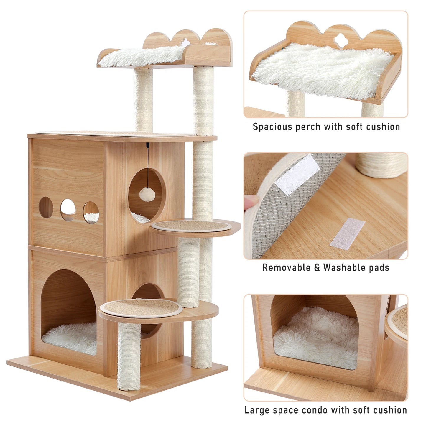 Wood Cat Scratcher Luxury Cat Tree Condo Kitten Nest Climbing Tower with Scratching Post Cat Toys Playing Platform House