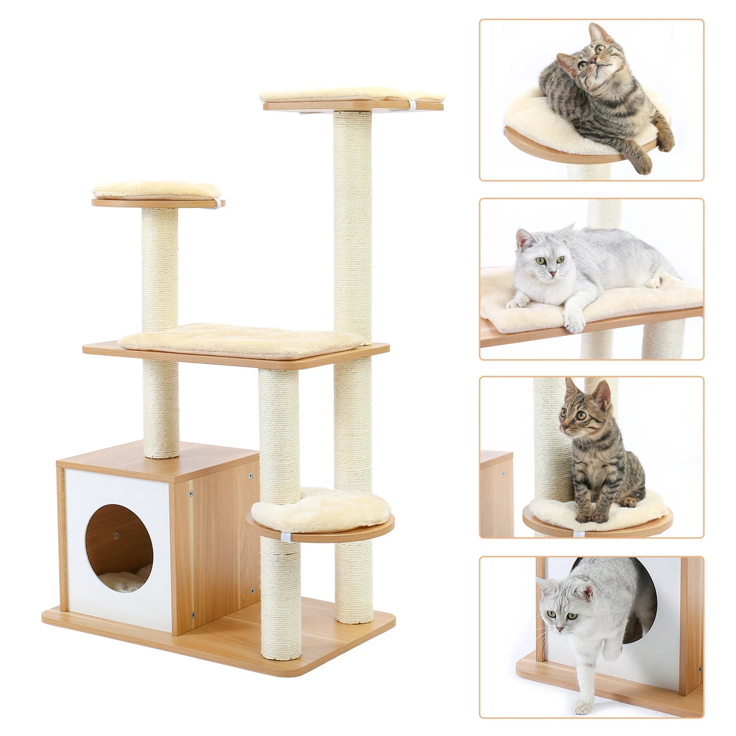 Wood Cat Scratcher Luxury Cat Tree Condo Kitten Nest Climbing Tower with Scratching Post Cat Toys Playing Platform House